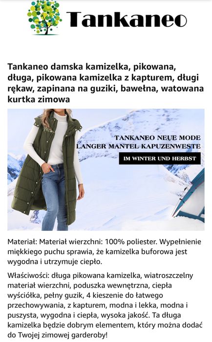 Tankaneo Kamizelka damska pikowana długa