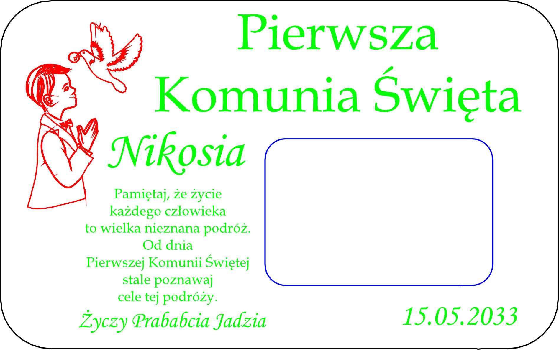 Kartka Powinszowanie Pierwsza Komunia Święta IHS imię na kasę Chłopiec