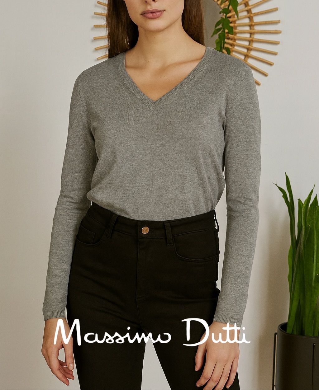Massimo Dutti sweter M szary jedwab kaszmir bawełna dekolt V klasyczny