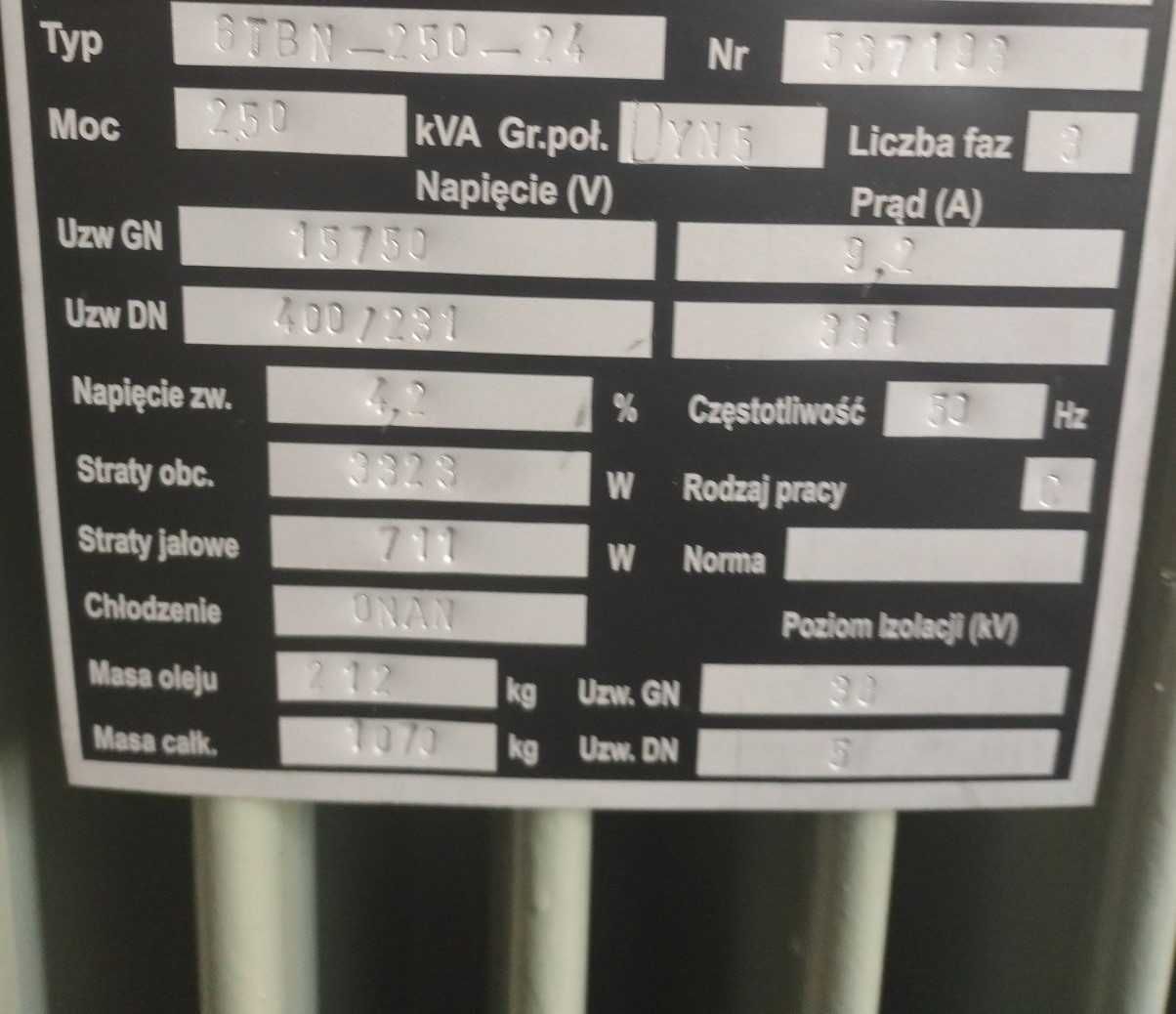 Transformator olejowy 250 kVA 15,75/0,4 kV