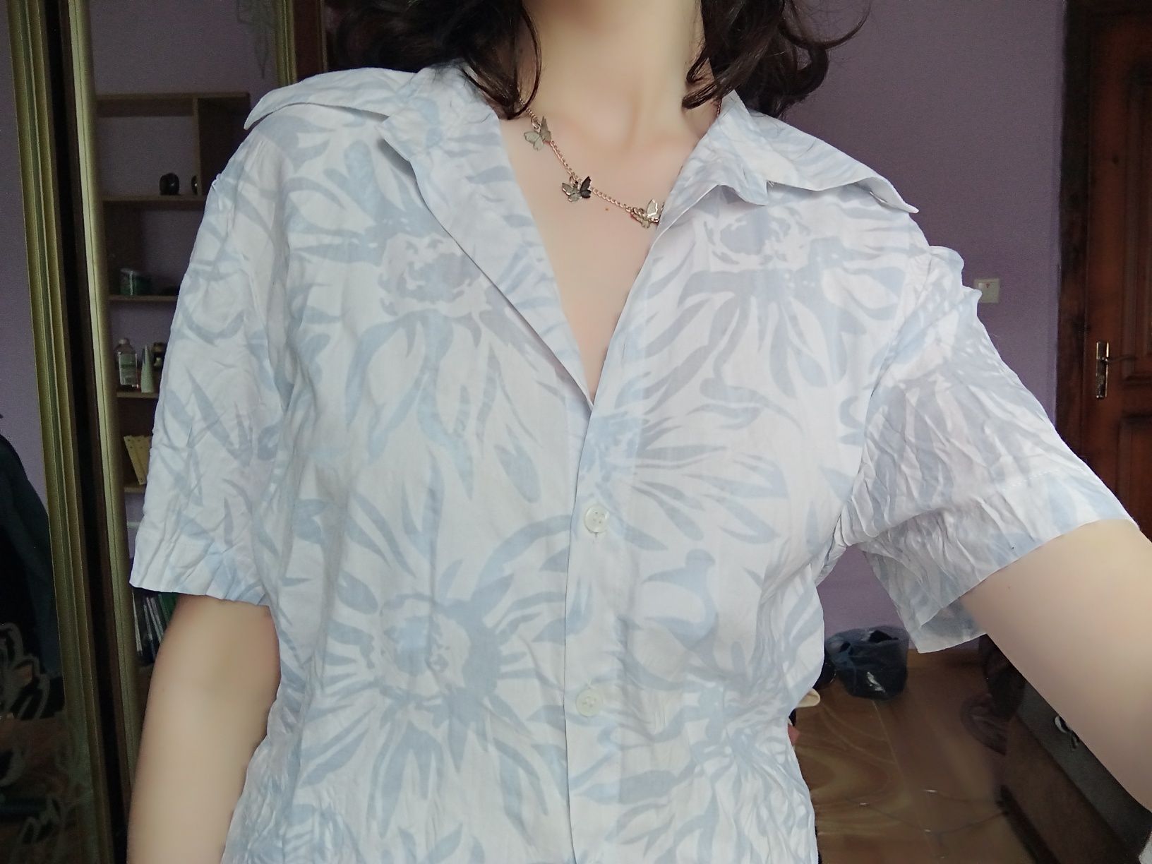 квіткова сорочка,синяя белая тренд хиппи унисекс на короткий рукав