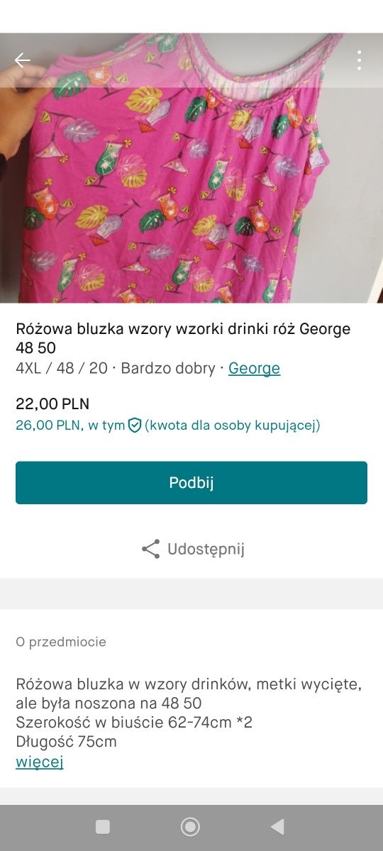 Różowa bluzka wzory wzorki drinki George 48 50