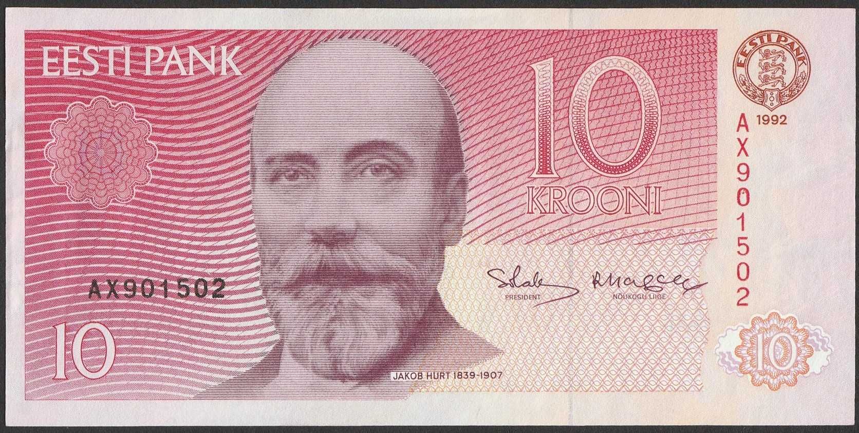 Estonia 10 koron 1992 - Jakob Hurt - stan bankowy UNC