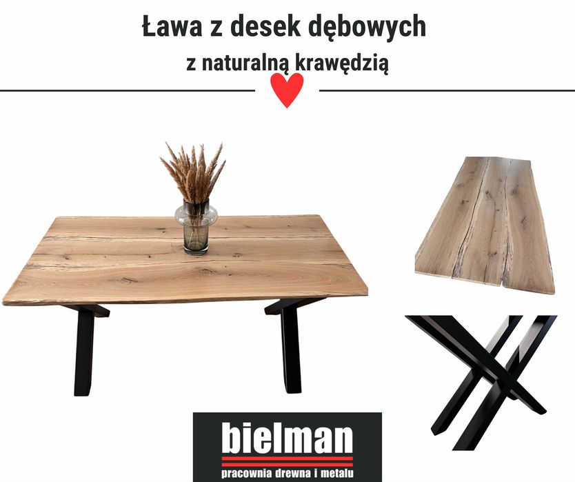 Ława Stolik Kawowy Loft Dąb Drewno z naturalną krawędzią PL