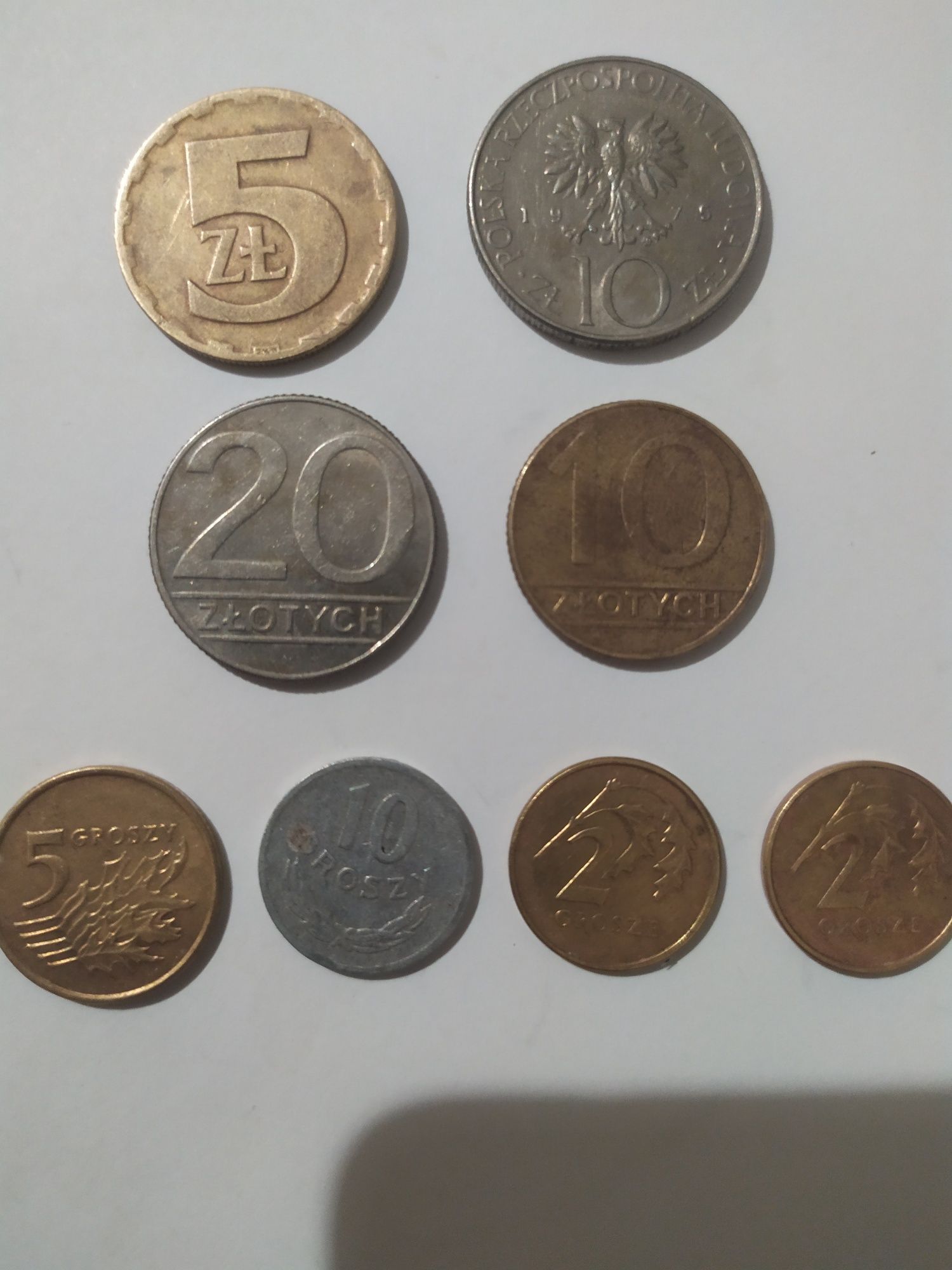 Монети 20 злотих, 10 злотих,5 злотих., 2 і 10 грош.