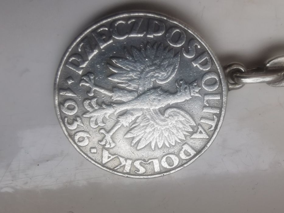 Brelok srebrny Unikat do kluczy z monetą srebrną 5 złotych żaglowiec