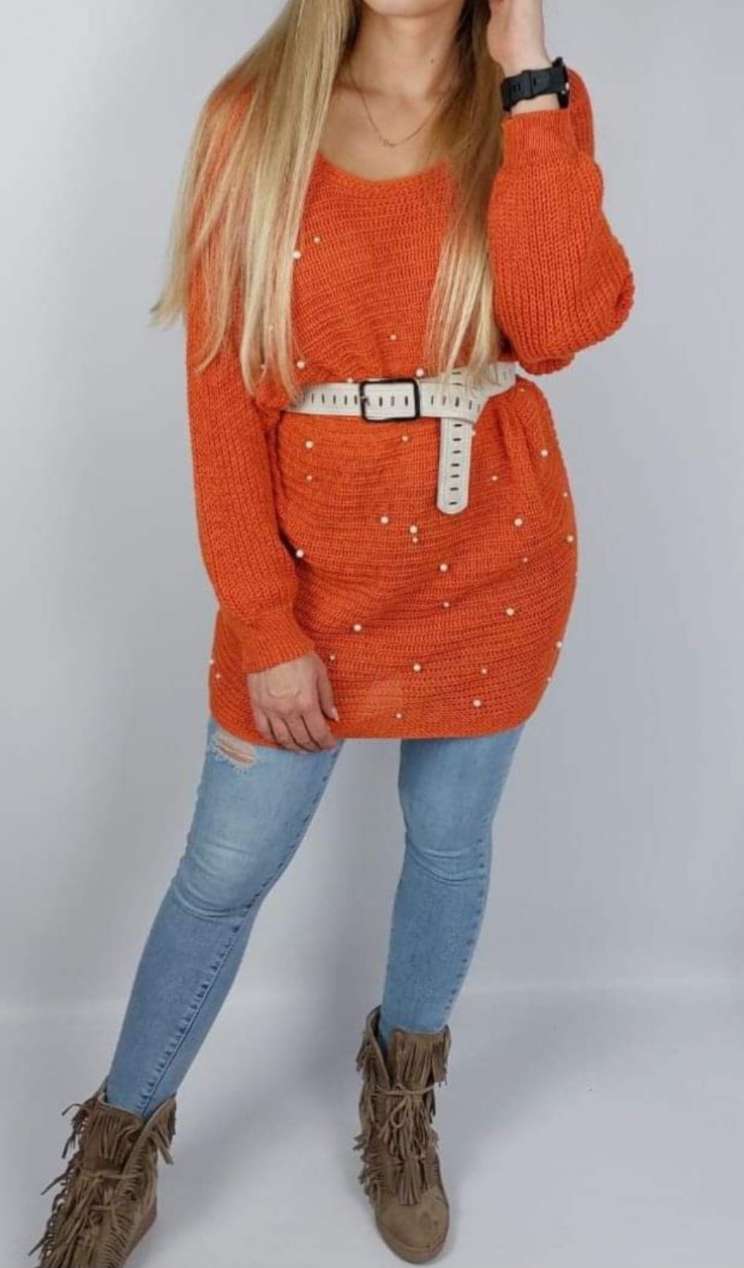 Sweter z koralikami pomarańczowy