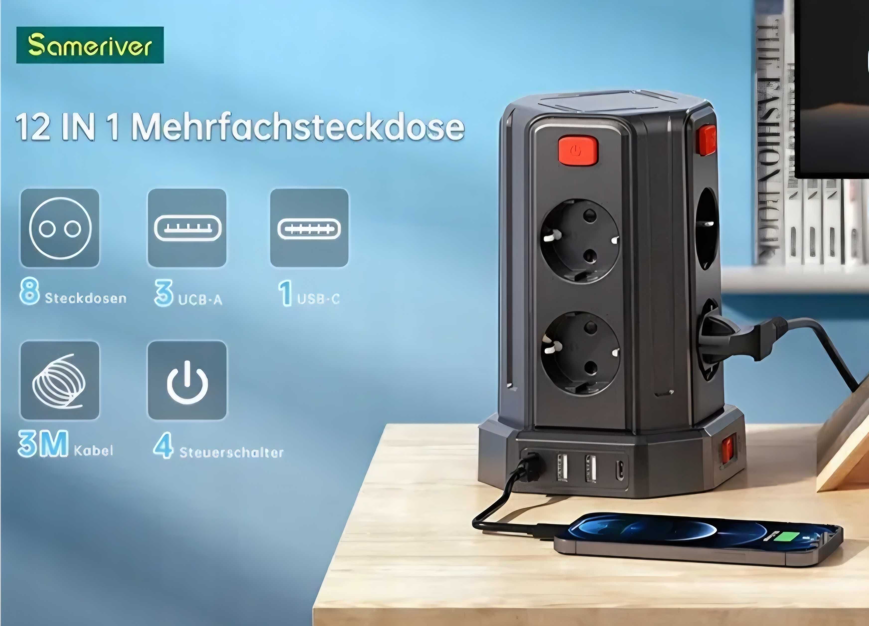Przedłużacz pionowy wieża 12w1 8 gniazdek 3 x USB-A 1 x USB-C 3m 2500W