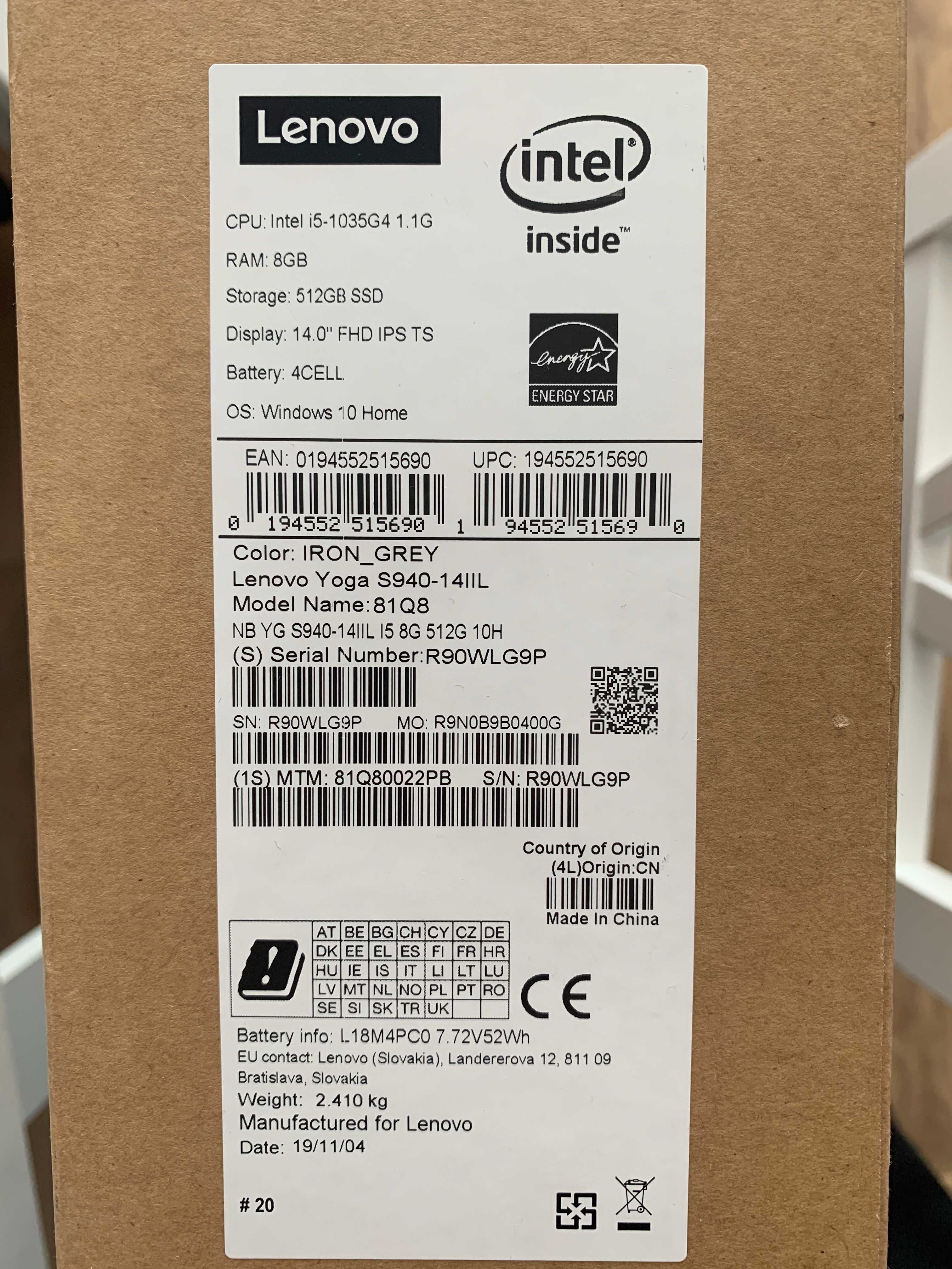 Lenovo Yoga S940-14IIL Model: 81Q8 i5-1035G4/8GB/512SSD/WIN10