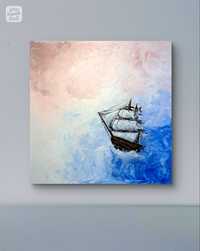 Obraz olej płótno 60x60 statek morze chmury szpachelki gratis PROMOCJA