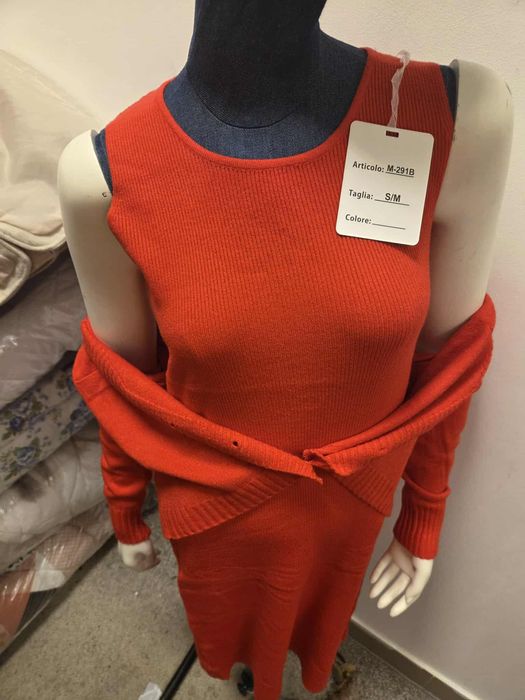 Zimowy Komplet Dzianinowy Sukienka + Sweter Czerwony   S M