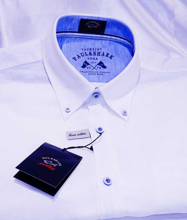 Koszula Paul and Shark  XL 42 krótki lniana len biała regular lacoste