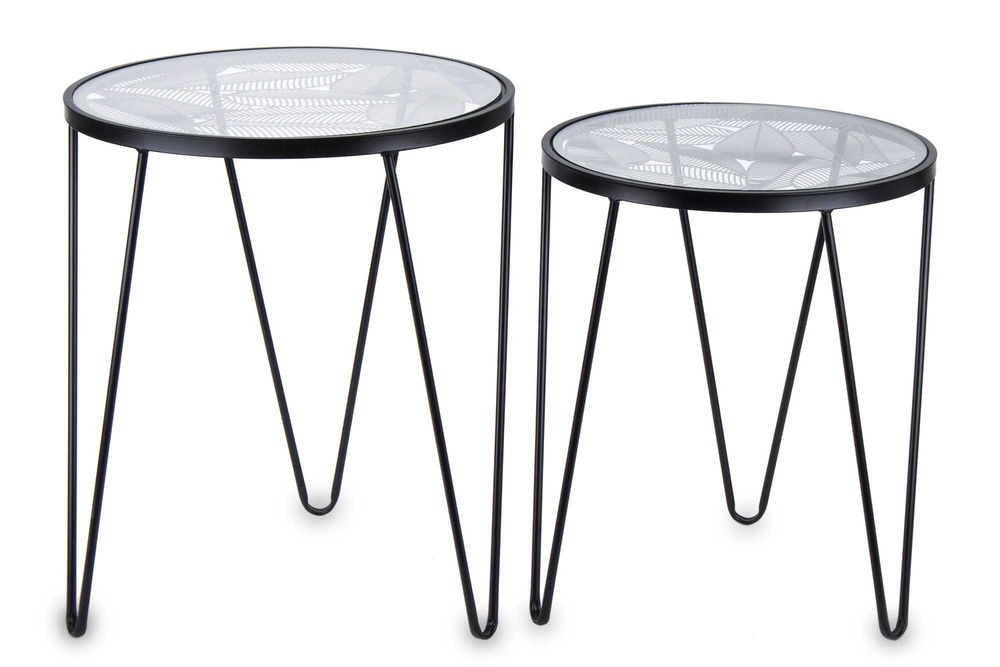 Komplet 2 x Czarny Stolik Okrągły Boczny Kwietnik Liście Rośliny136174