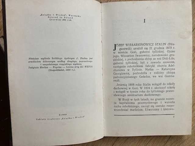 Józef Stalin - Krótki Życiorys, Wydawnictwo Książka i Wiedza 1950