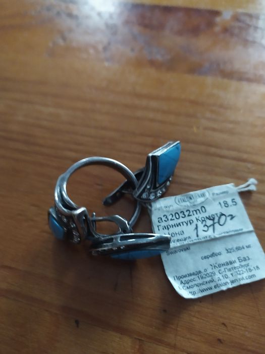 Срібний новий набор сережки та перстень 18.5розмір з бірюзою