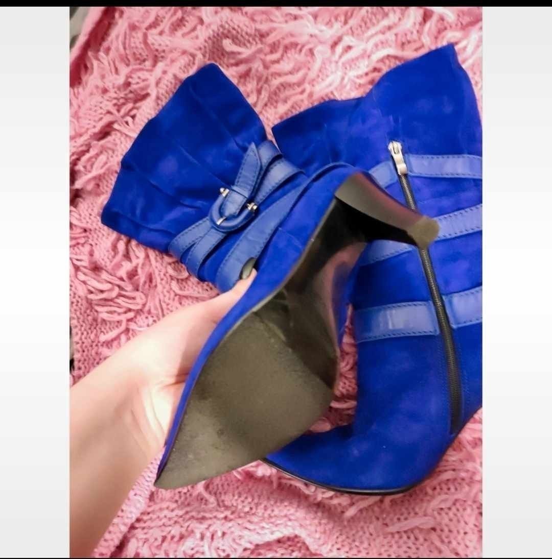 Botki kozaki damskie niebieskie na obcasie jesień buty zimowe eleganck