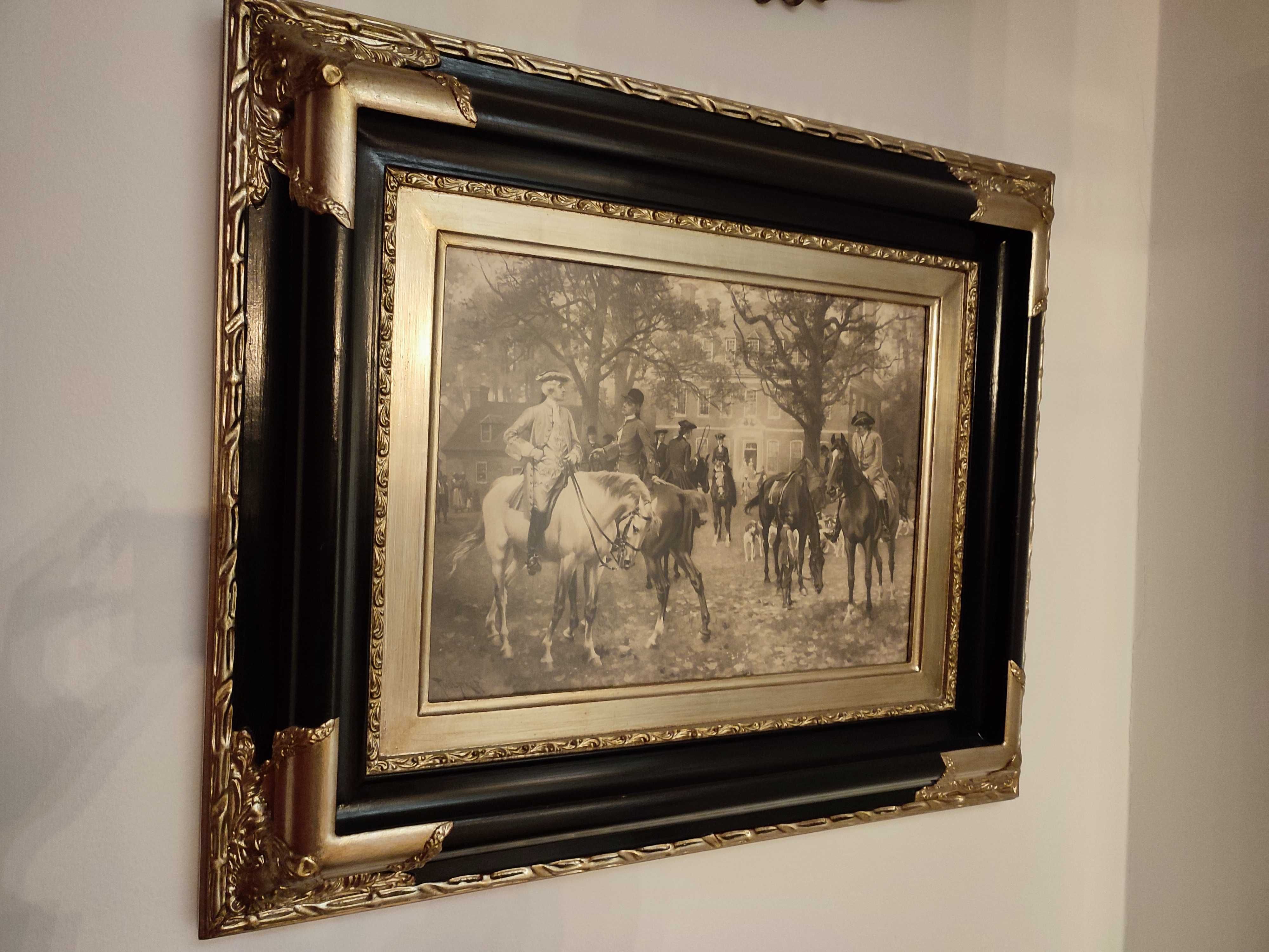 Quadro moldura preta e prata e gravura com caçada - LUXO
