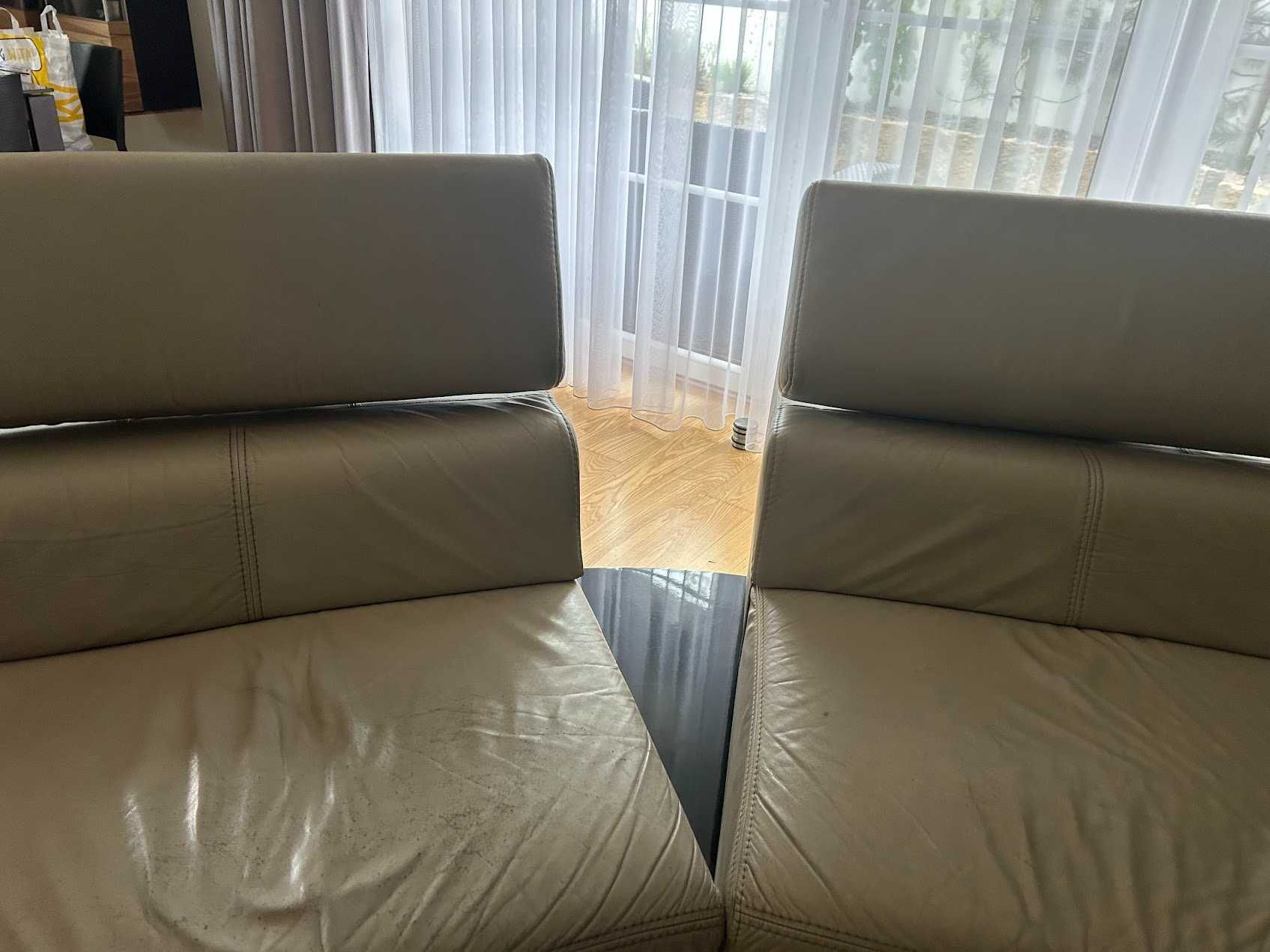 Skórzana sofa KLER ecru rozsuwana z podnoszonymi zagłówkami