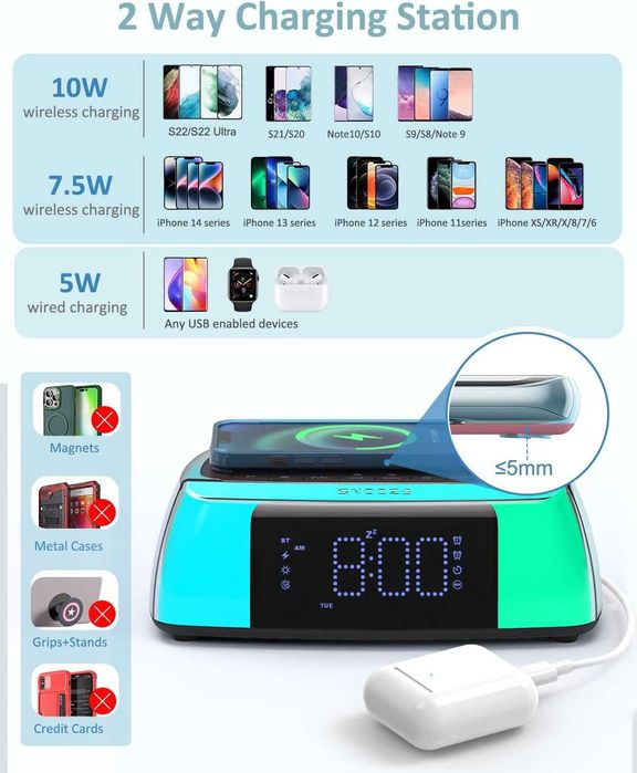 Cyfrowy budzik zegarek, ładowarka indukcyjna, głośnik Bluetooth, LED