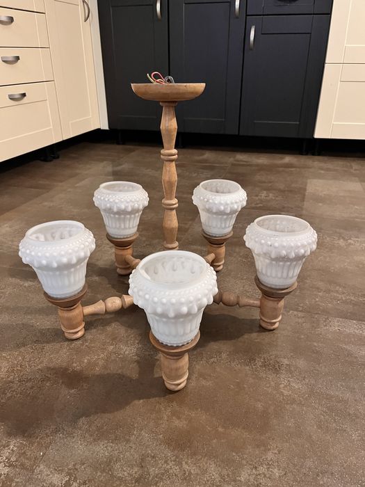 Lampa drewniana 5 kloszy, PRL, abżur, żyrandol