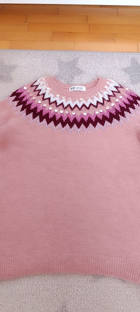 Ciepły sweter r. 134/140, H&M, sweterek z wełną, norweski wzór