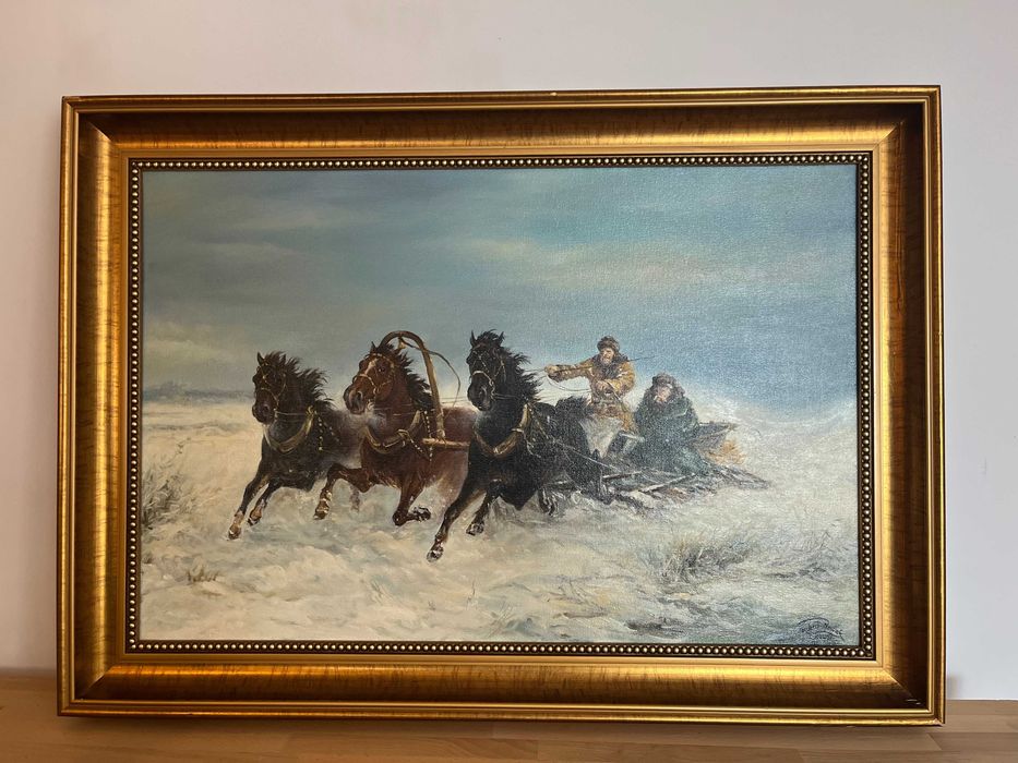 Obraz "Trójka pędzących koni w pejzażu zimowym", R. Nowak