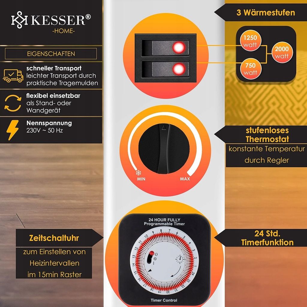 Grzejnik Elektryczny Konwektorowy 2000W Termostat Timer 24h