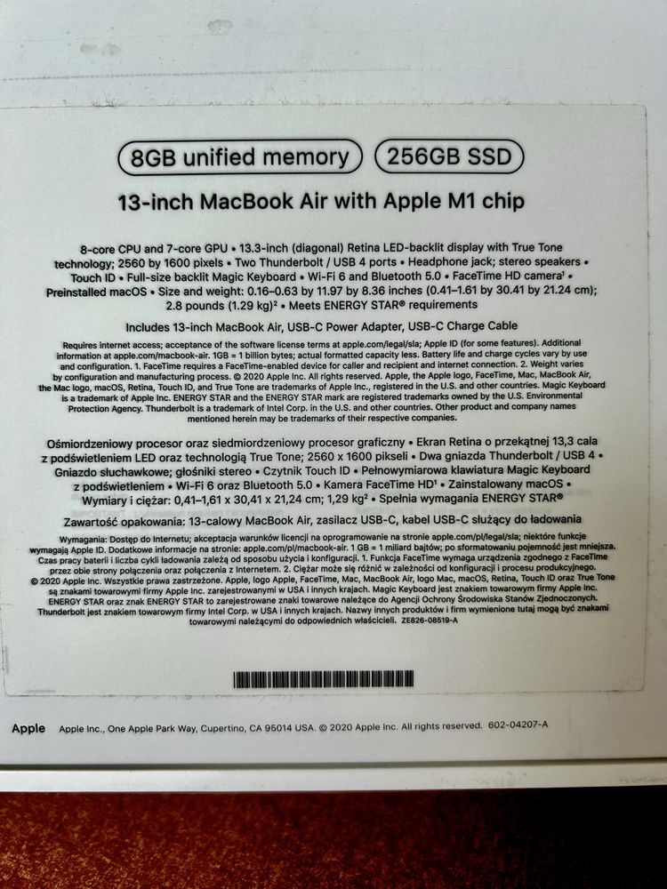 Apple Macbook Air13” M1 256 GB, A2337
