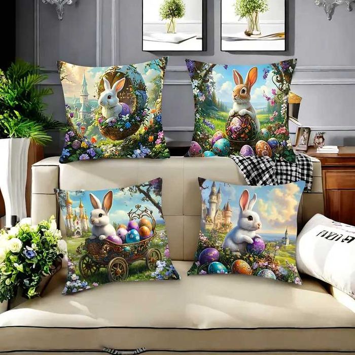 Zestaw 4 poszewek na poduszki z królikiem wielkanocnym, 45x45 cm