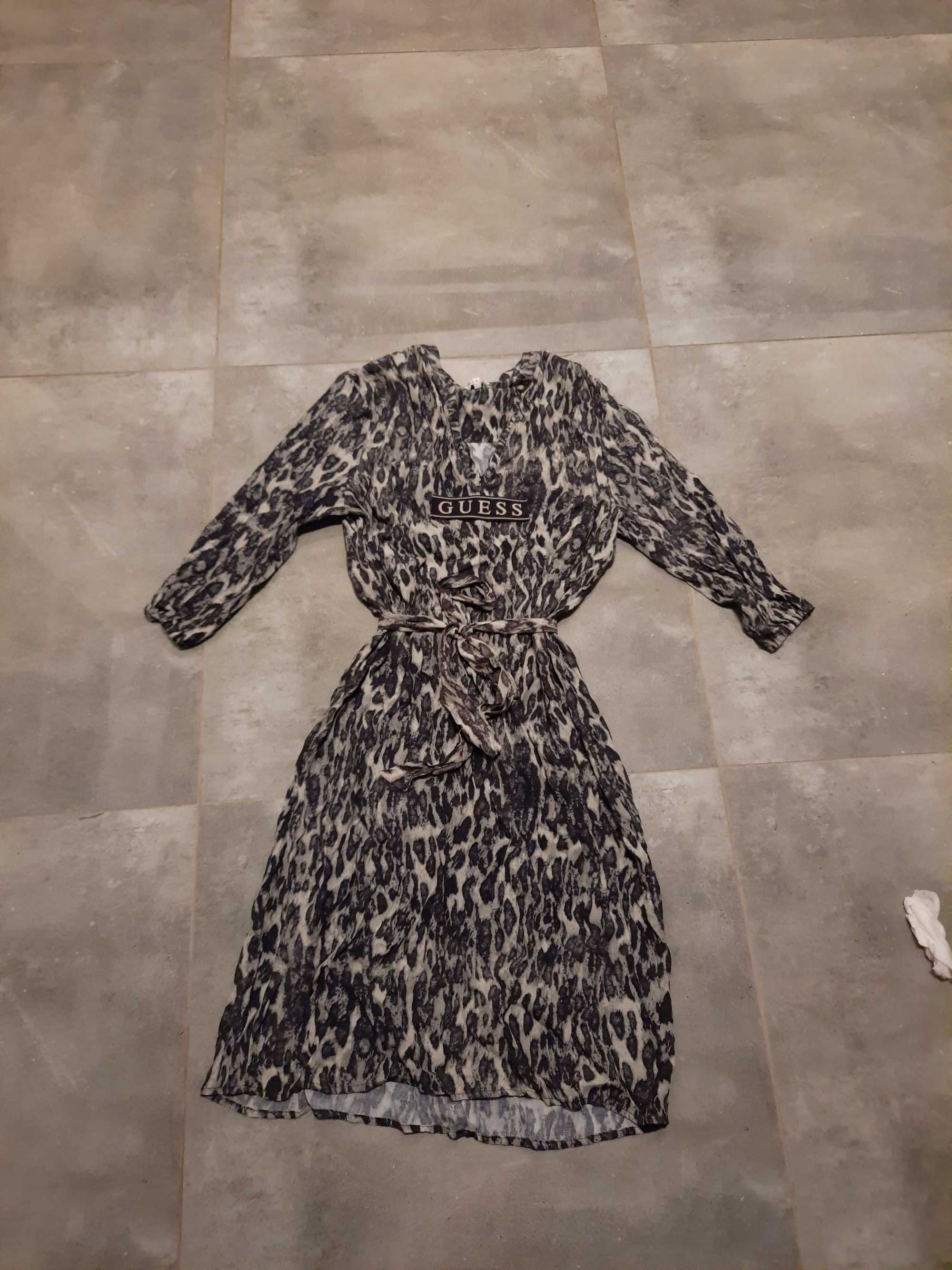 Nowa sukienka elegancka guess 3/4 midi szara panterka stojka  38 m