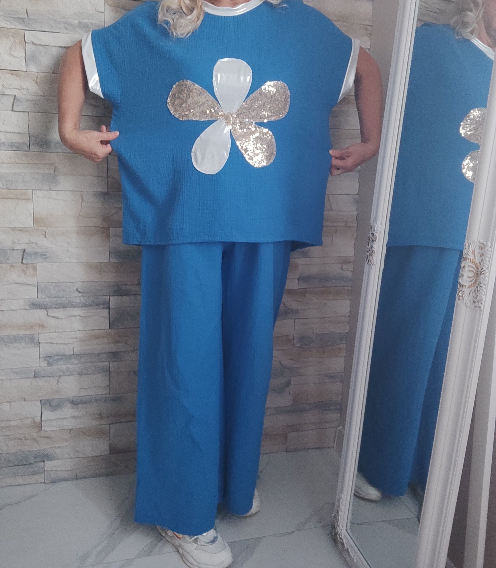 Komplet muzlinowy bluzka i spodnie srebrne dodatki z kieszeniami 95% b