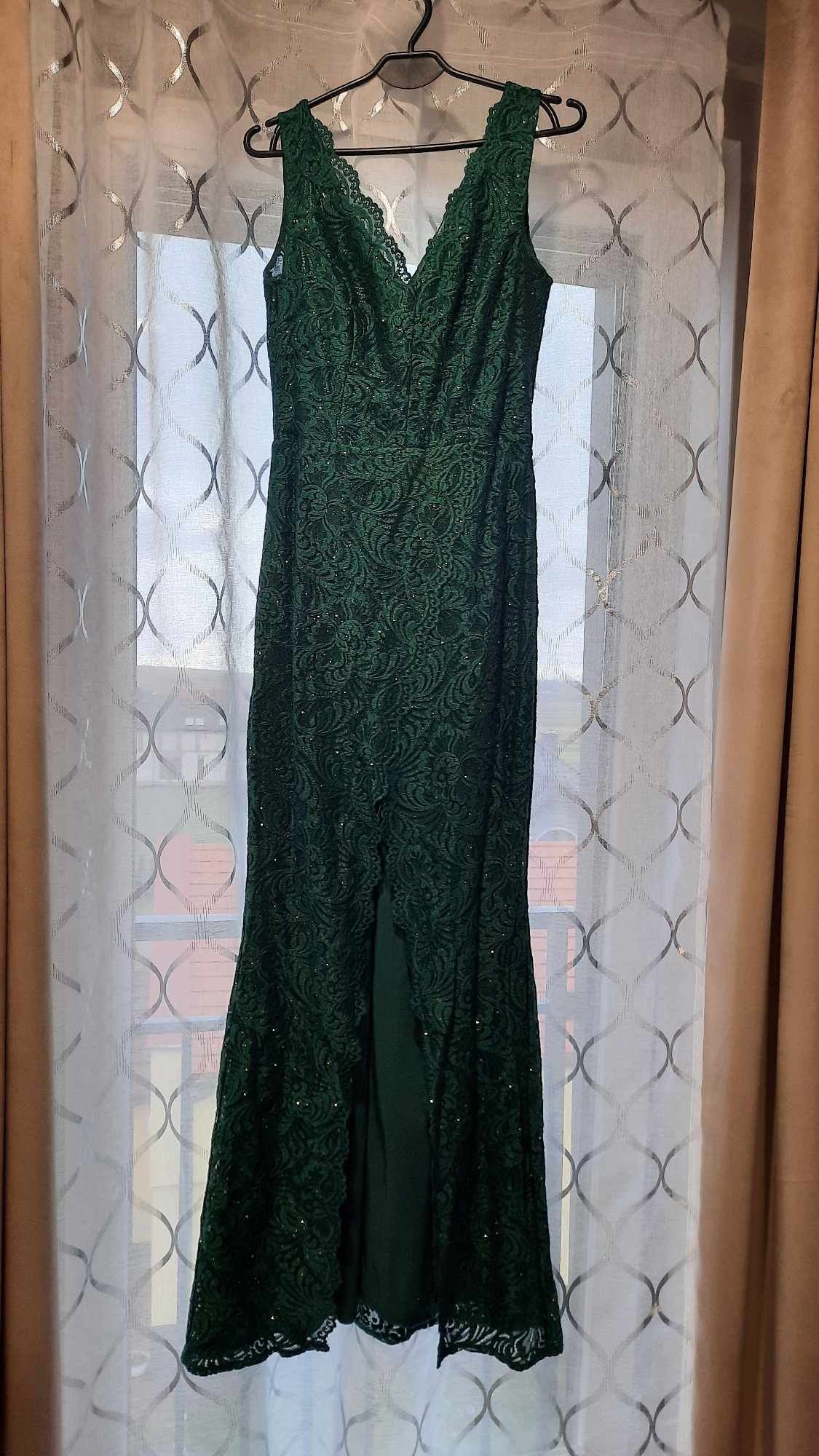 Sukienka PARISSE butelkowa zieleń koronka długa Rozmiar S