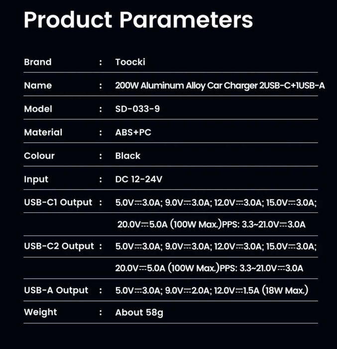 Автомобильное зарядное устройство Toocki SD-033-9 2C+1A 200W PD