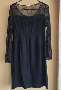 Czarna sukienka 40 z koronką PROMOD długi rękaw
