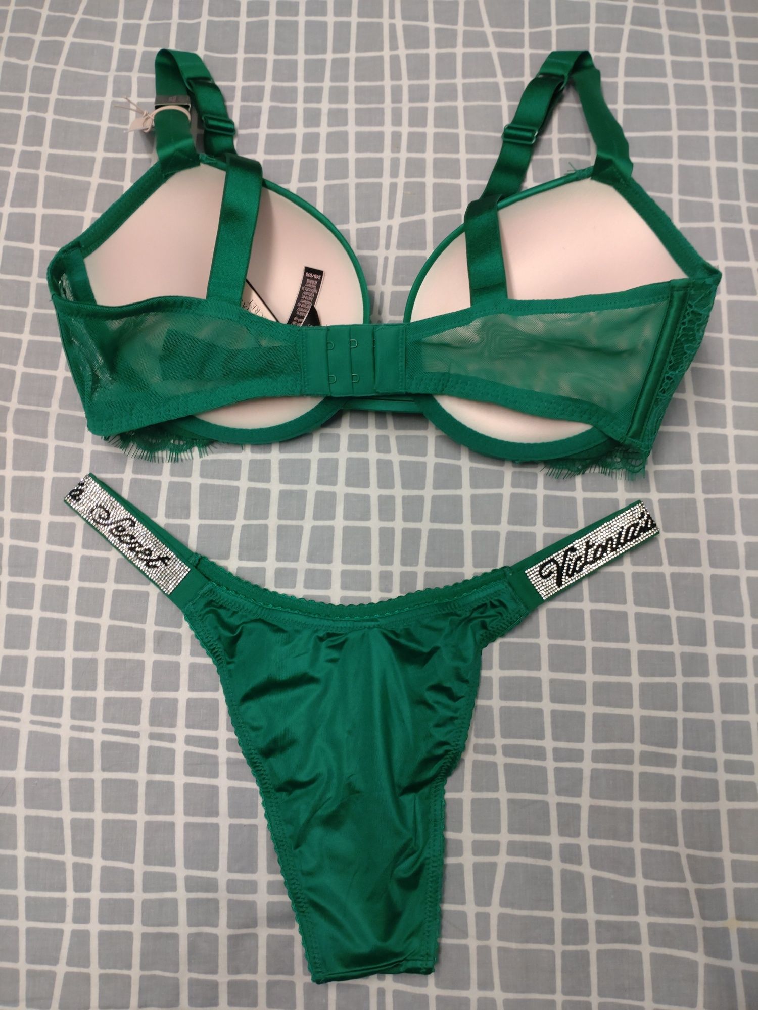 Komplet Victoria's Secret 34D biustonosz S brazyliamy zielony