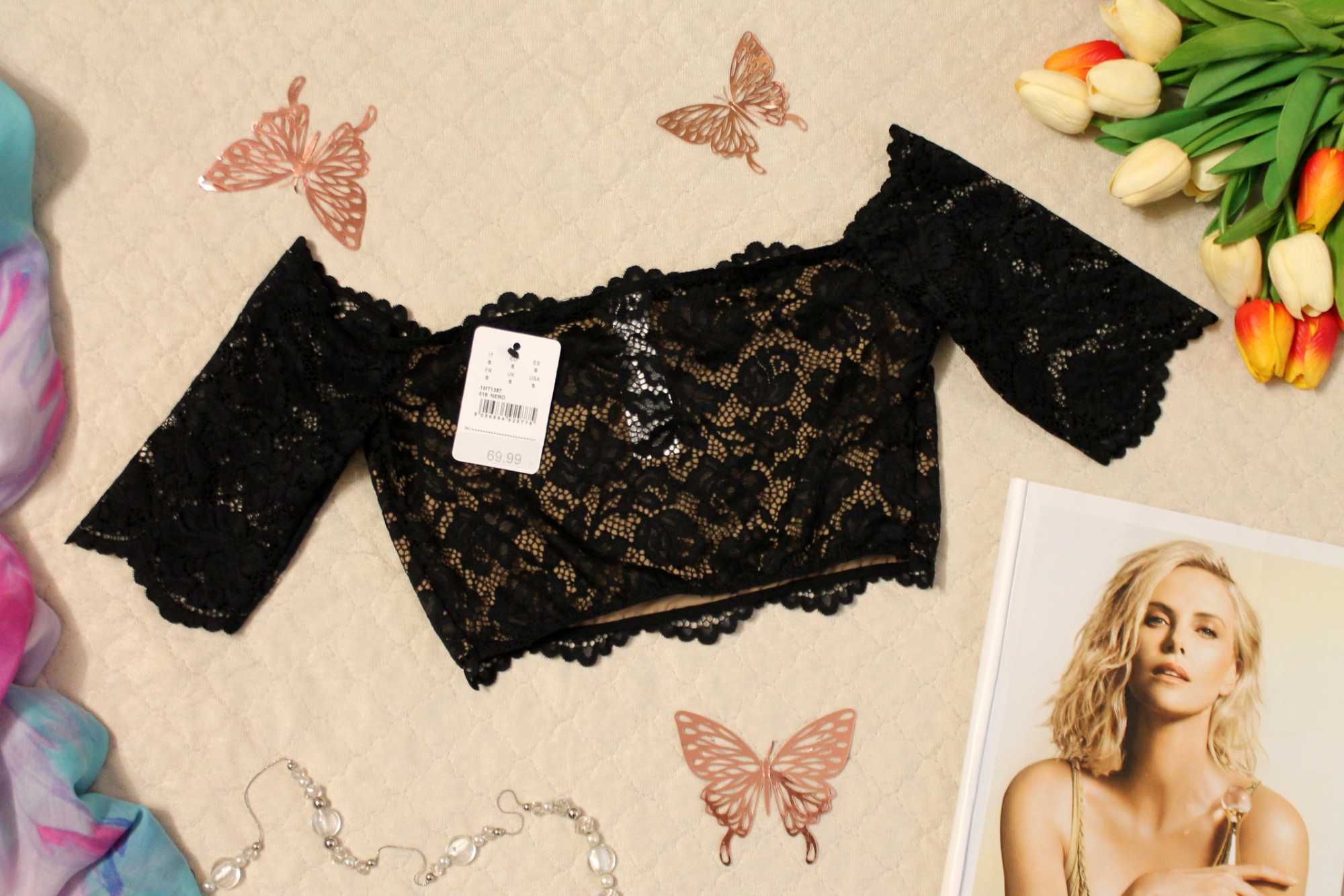 Tezenis Czarna koronkowa Hiszpanka Crop Top Odkryte Ramiona Nowa  XS/M