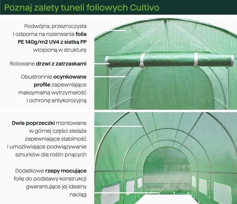 TUNEL FOLIOWY 12x4m Stalowe ocynkowane profile 2x drzwi, 20 okien 48m2