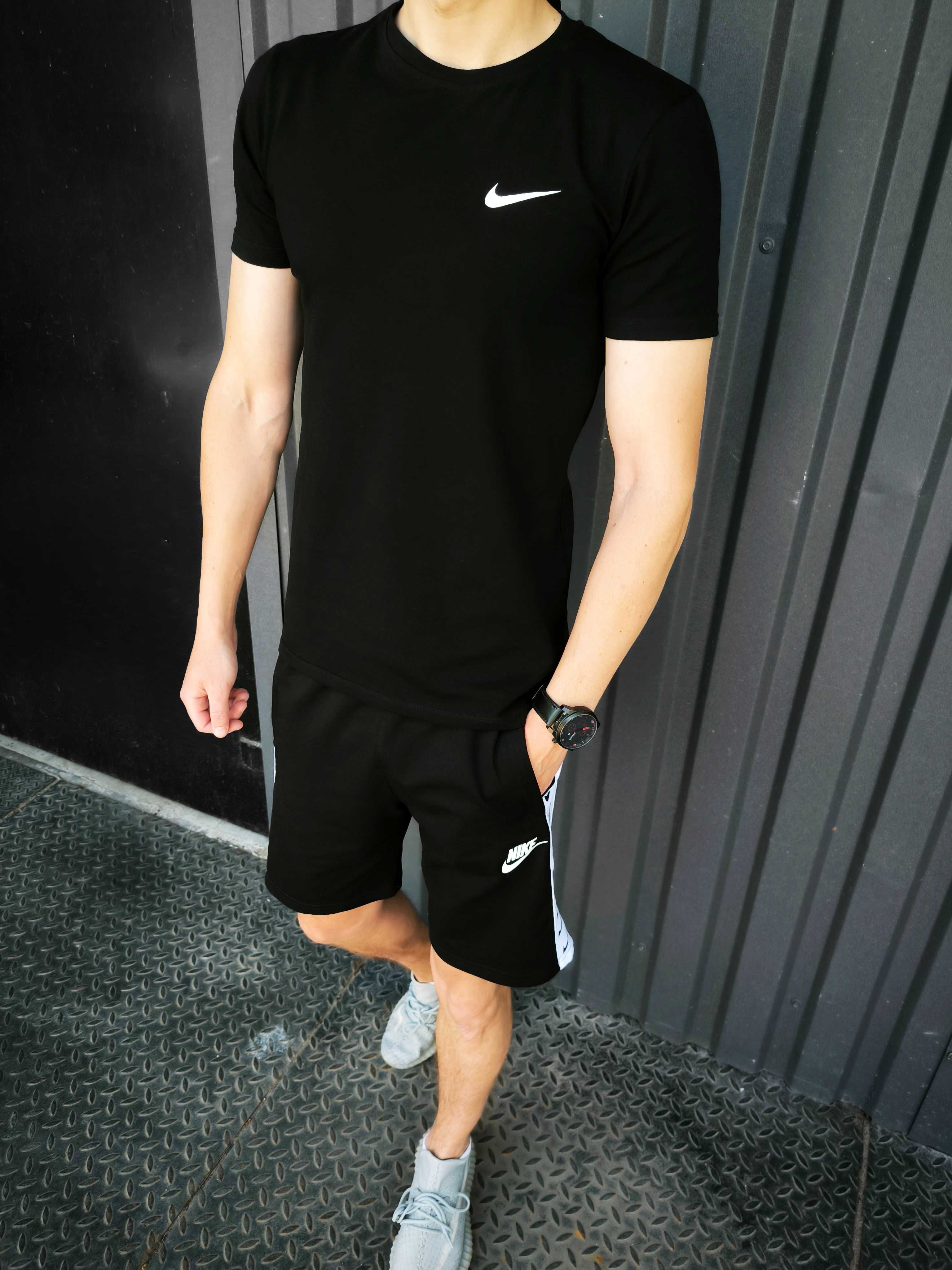 Літній чоловічий комплект Nike футболка + шорти чорний лампас