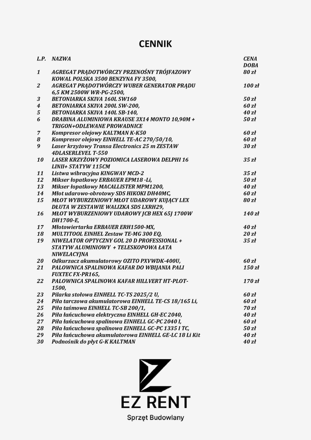 Wypożyczalnia sprzętu budowlanego, winda dekarska, agregaty, młoty!