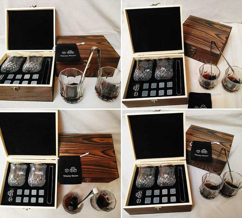 Kamienie do whisky i 2 szklanki – elegancki zestaw prezentowy