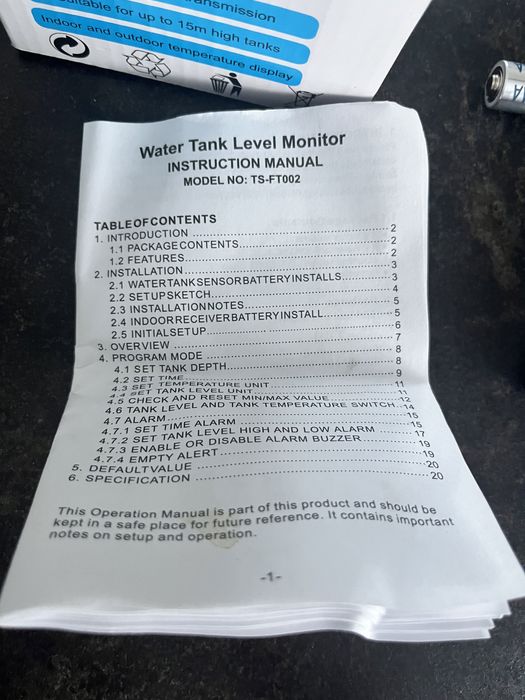 Ultradźwiękowy czujnik poziomu wody TS-FT002