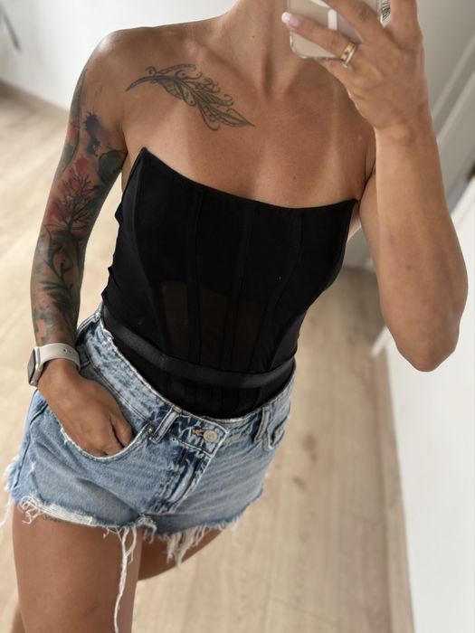 Nowe czarne body gorset bez ramiączek z siateczką – rozmiar S