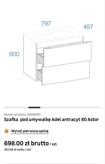 Komplet mebli Adel antracyt połysk szare łazienkowe nowe lakierowane