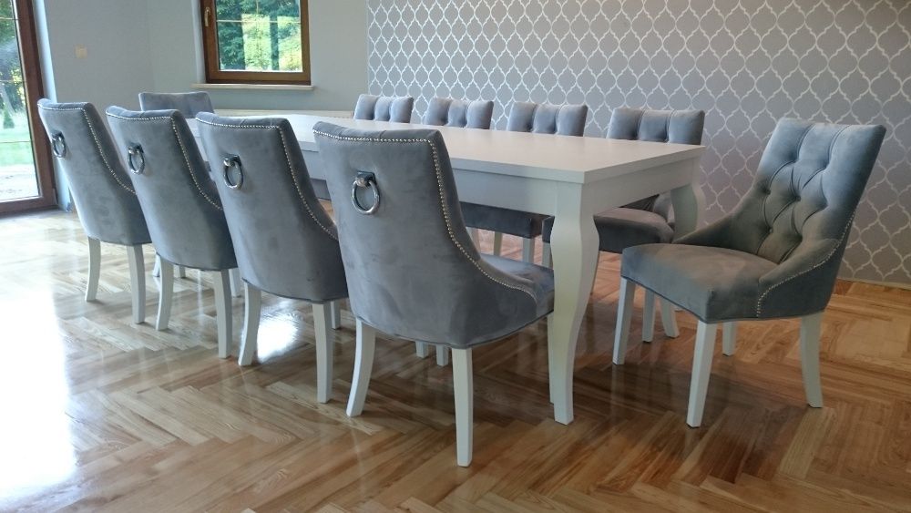 Krzesło tkanina siwa szara z kołatką hampton glamour chesterfield nowe