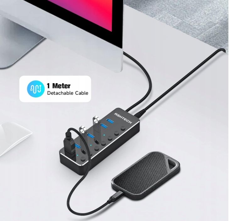 RSHTECH Hub USB 3.0 z 10W Zasilacz Aluminiowy 7 portów USB