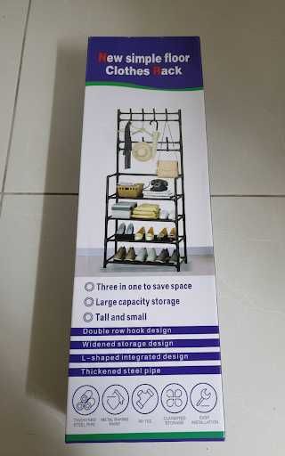 Стійка-вішалка з гачками для одягу та 4 полиці для взуття металева