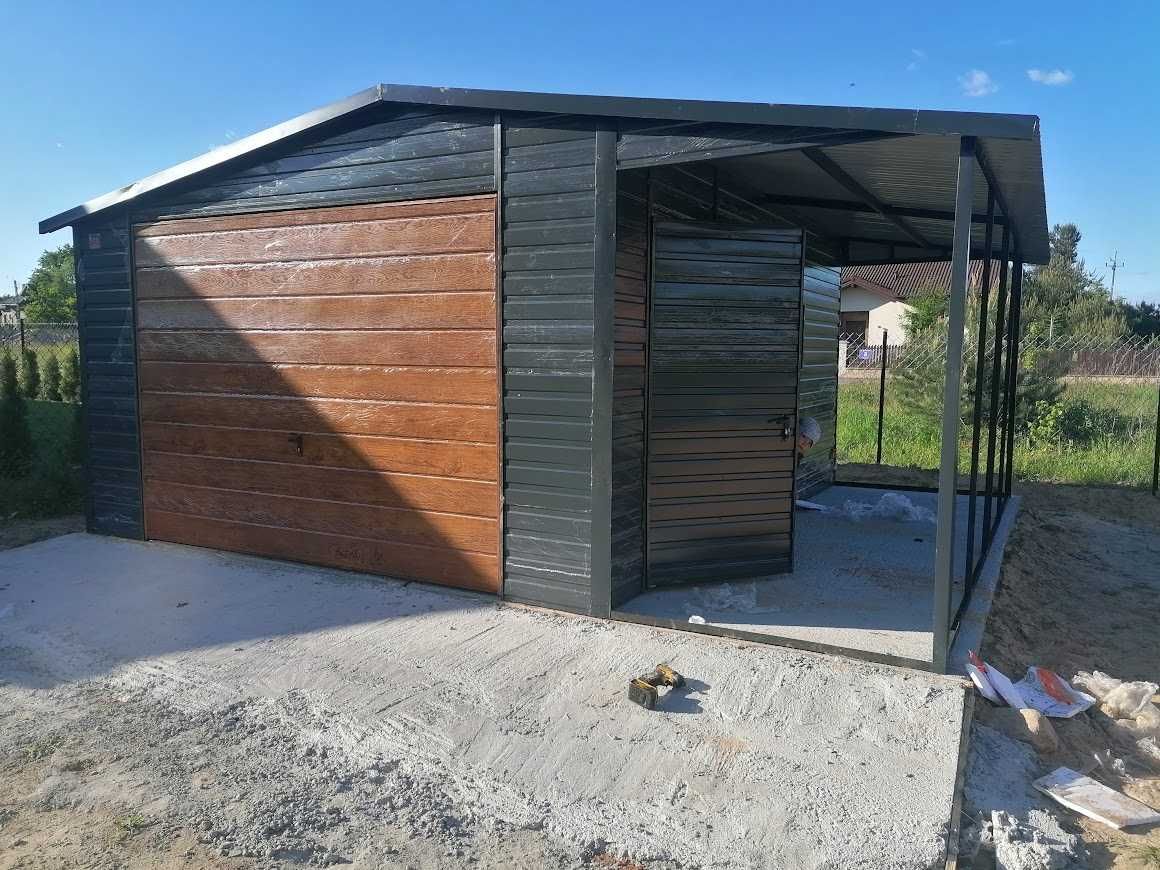 Garaż z Wiatą Grafit + Drewno HIT NOWOŚĆ