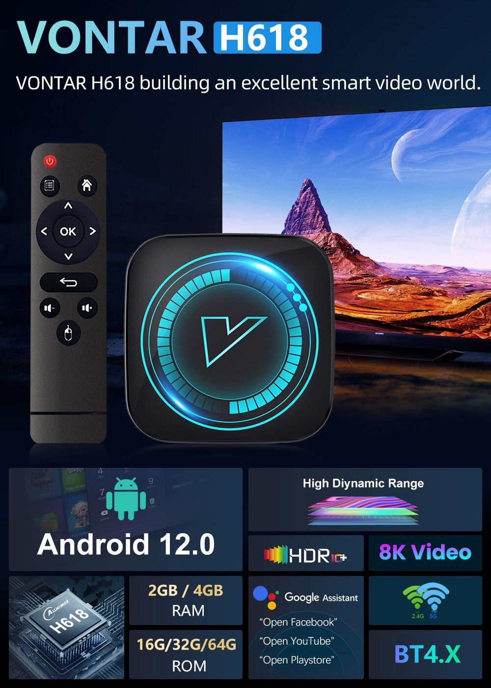 СМАРТ ТВ приставка Vontar 618H , Transpeed 8K , 4Гб/32Гб Android 12 IP