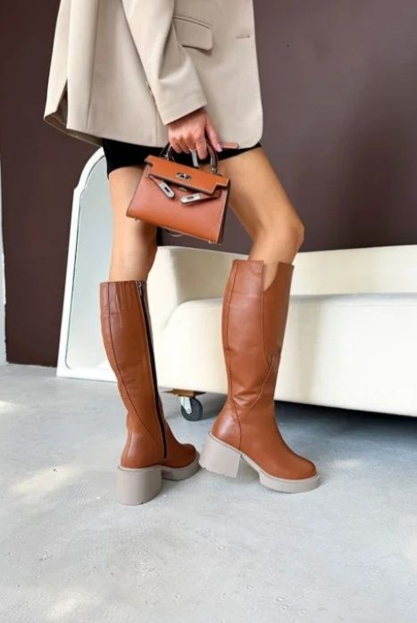 Високі чоботи карамель натуральна шкіра зимові
