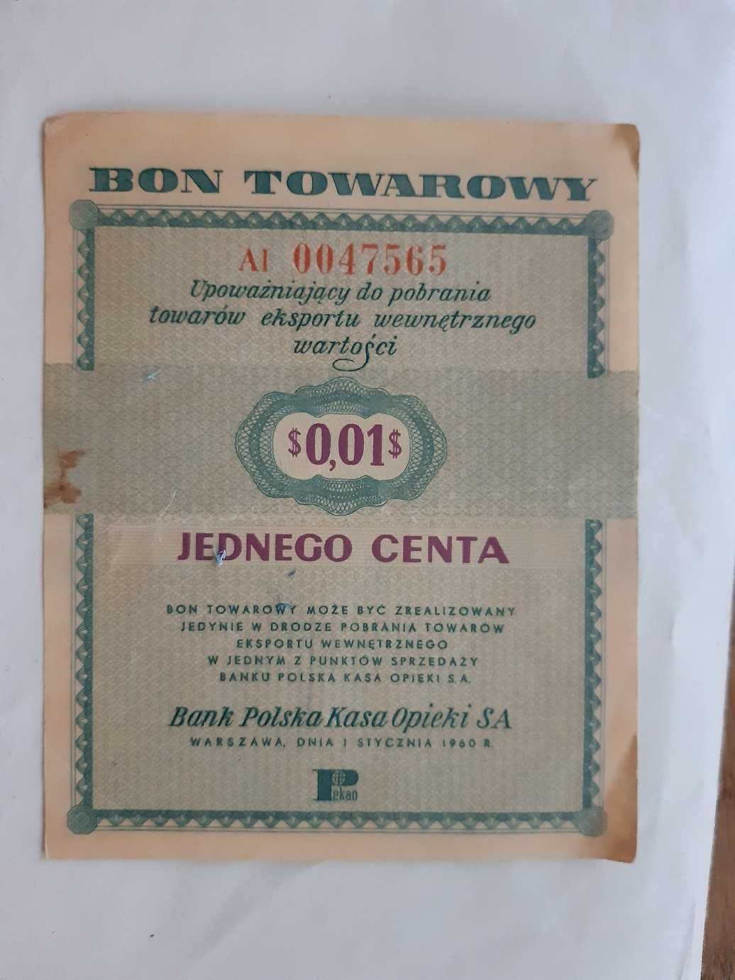 Bon Towarowy Pekao PKO PEWEX 1 cent 1960